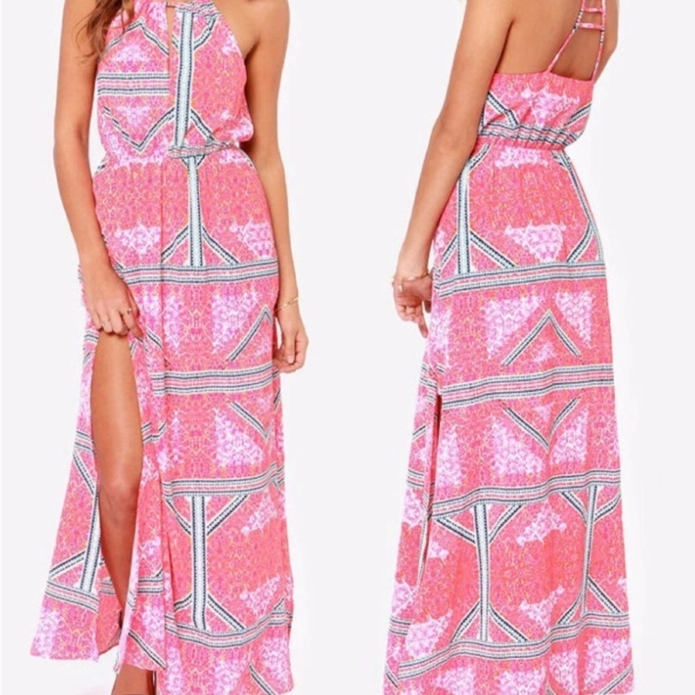 MINKPINK Pink Geometric Patterns‎ Maxi Dress Large Side Slit Travel
